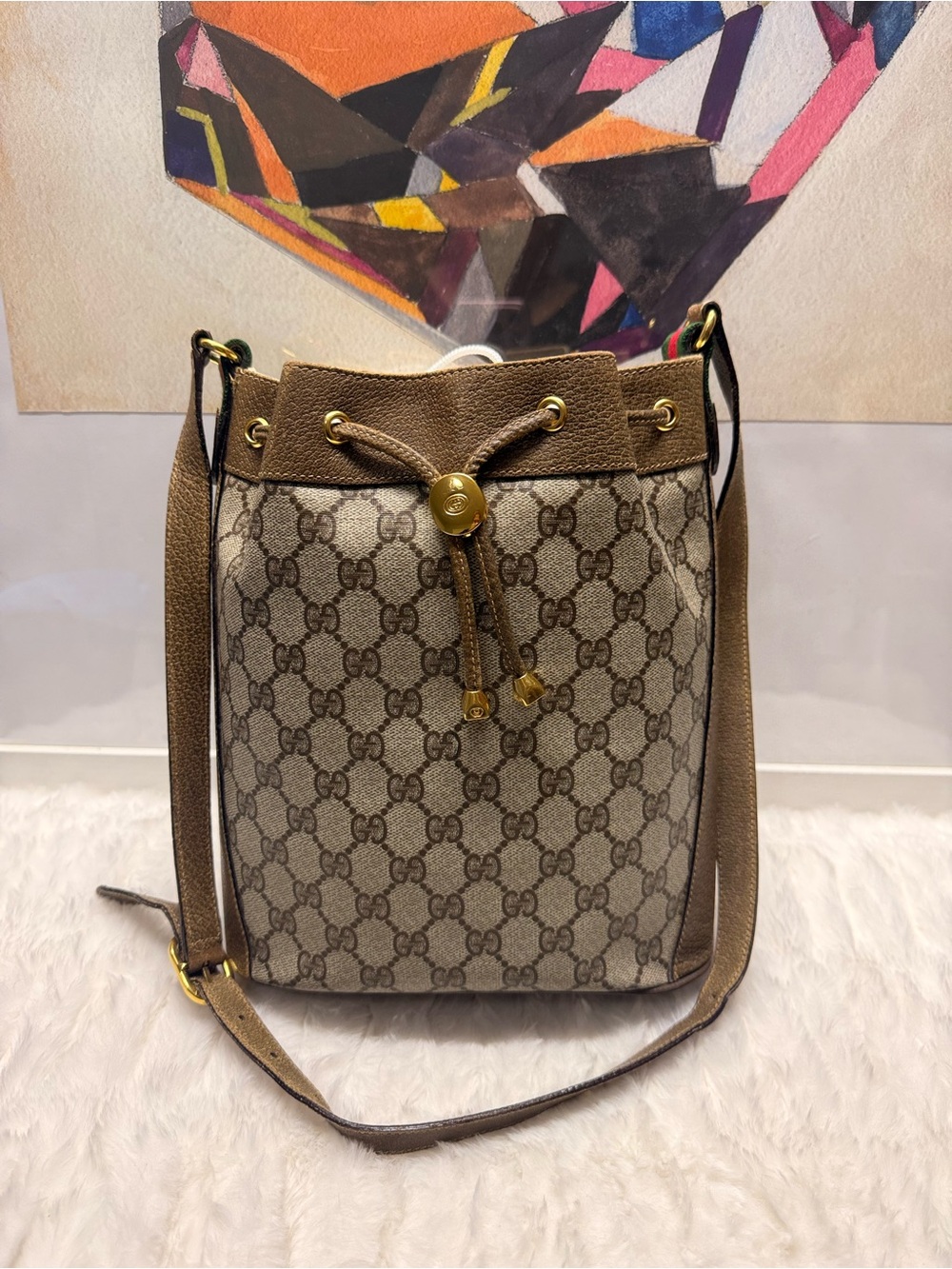 GUCCI-41 02 034 Coated Monogram Canvas Sherry Line Bucket Bag
